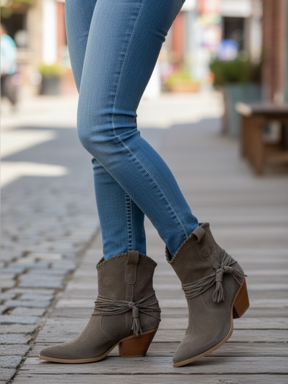 RON WHITE Brailee Ankle Boots Size EU 39 US 8.5 Taupe Suede Italy Western Tassel